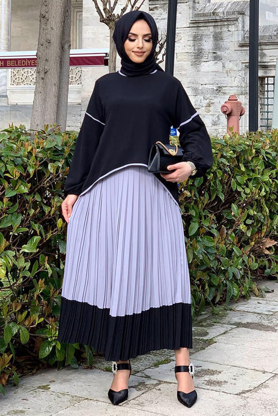 Tesettür giyim SİYAH ETEĞİ PİLİSELİ TAKIM 5518	