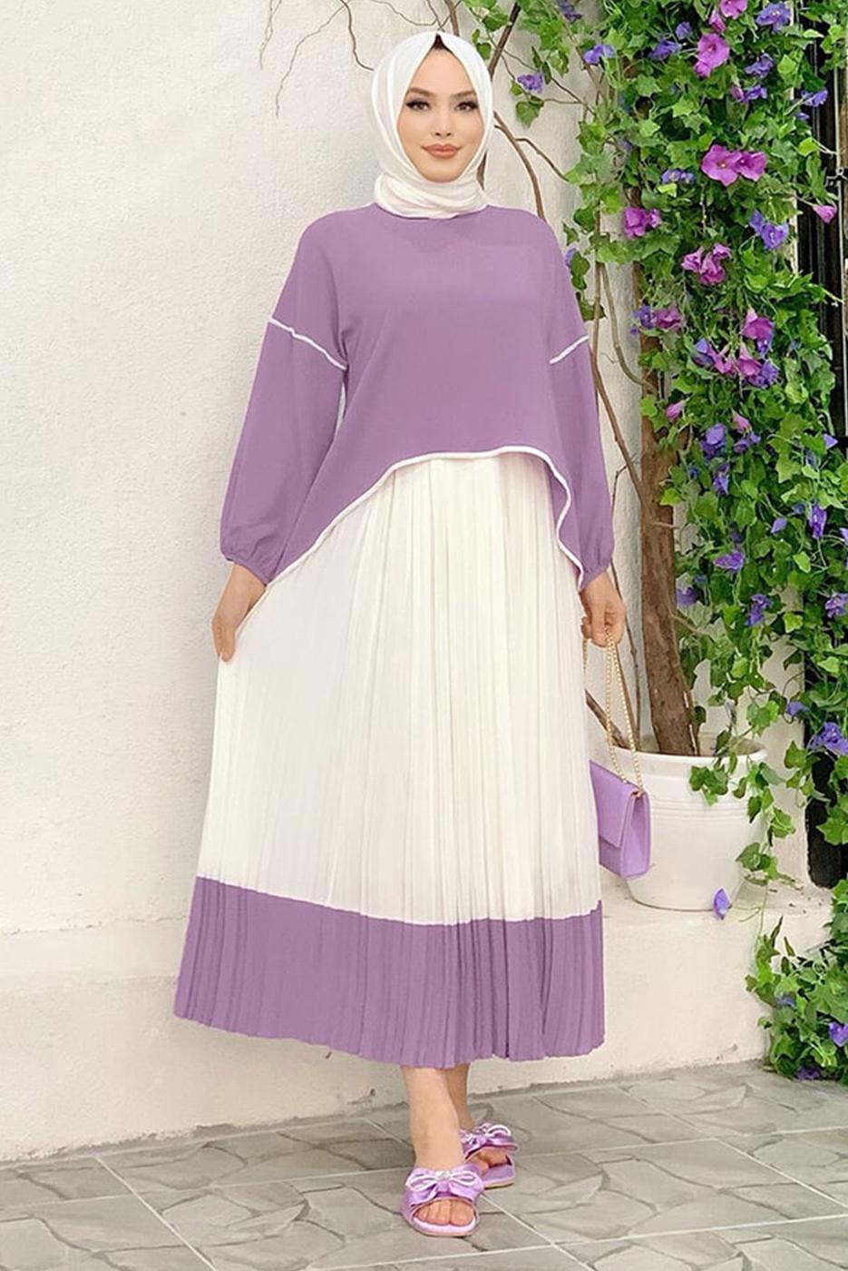 Tesettür giyim MOR ETEĞİ PİLİSELİ TAKIM 5518	