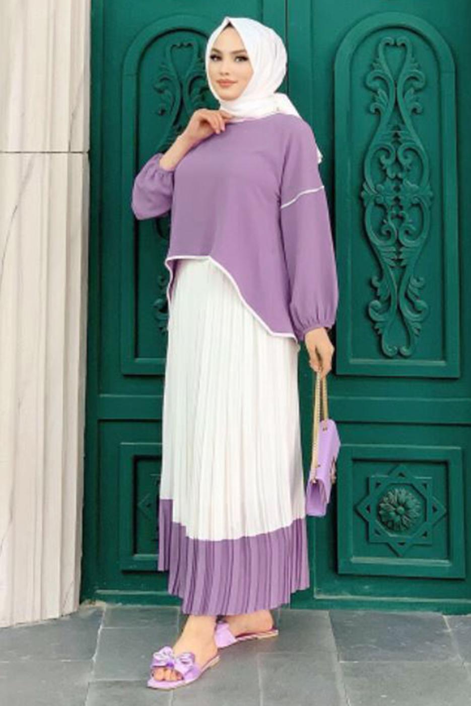 Tesettür giyim MOR ETEĞİ PİLİSELİ TAKIM 5518	
