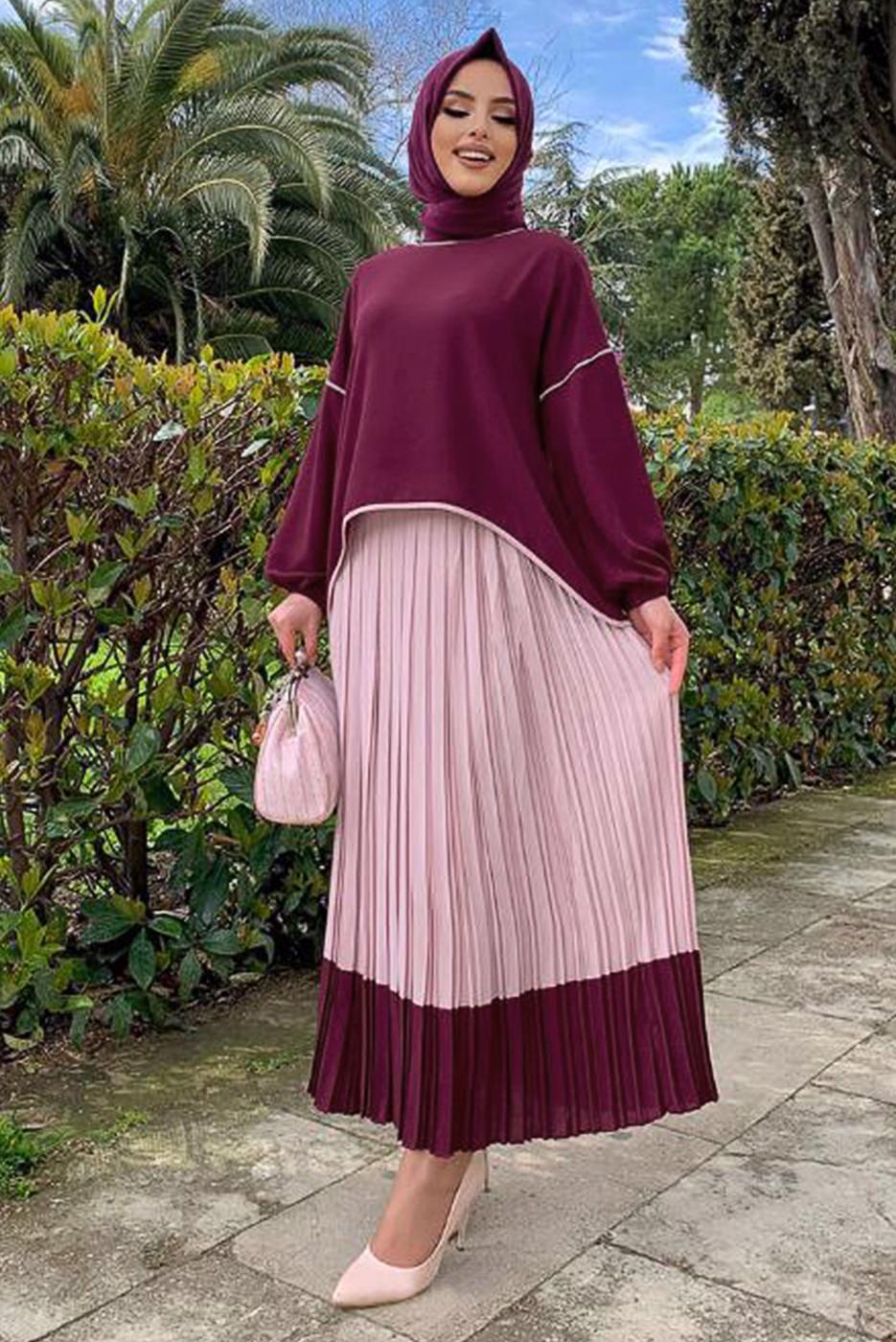 Tesettür giyim MÜRDÜM ETEĞİ PİLİSELİ TAKIM 5518