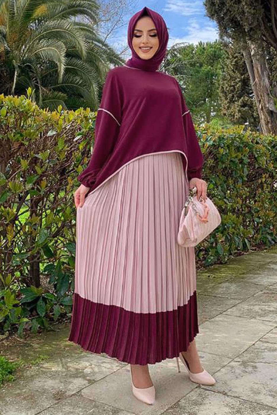 Tesettür giyim MÜRDÜM ETEĞİ PİLİSELİ TAKIM 5518