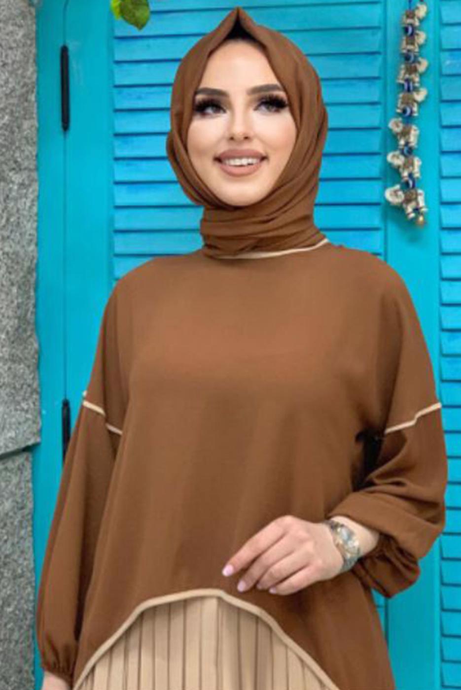 Tesettür giyim TABA ETEĞİ PİLİSELİ TAKIM 5518	