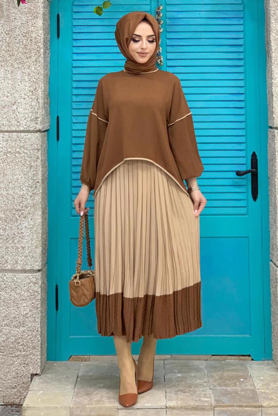 Tesettür giyim TABA ETEĞİ PİLİSELİ TAKIM 5518	