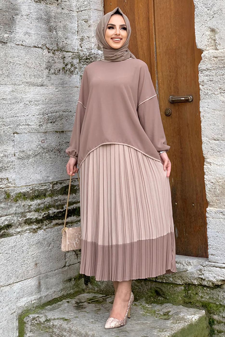 Tesettür giyim VİZON ETEĞİ PİLİSELİ TAKIM 5518	