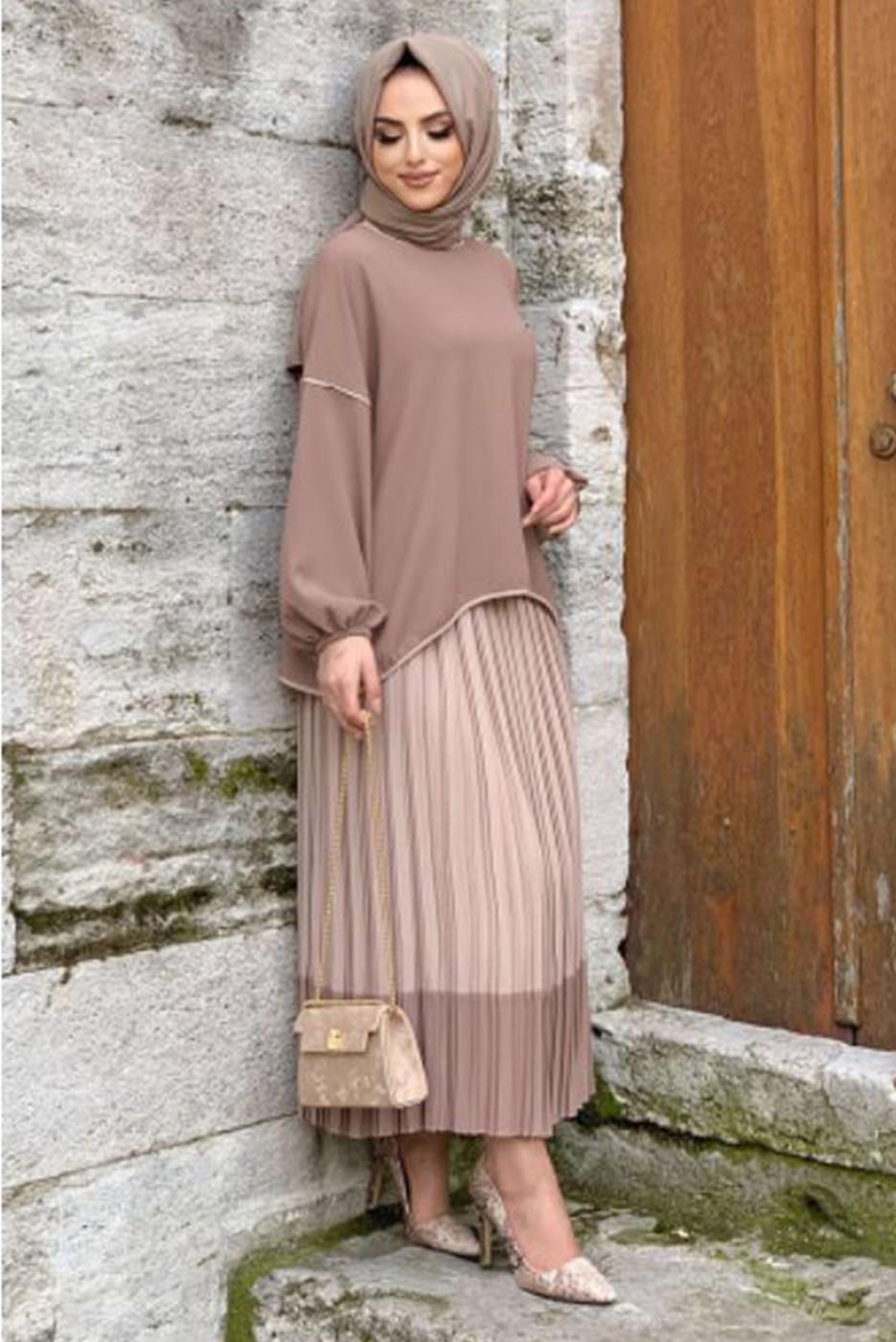 Tesettür giyim VİZON ETEĞİ PİLİSELİ TAKIM 5518	