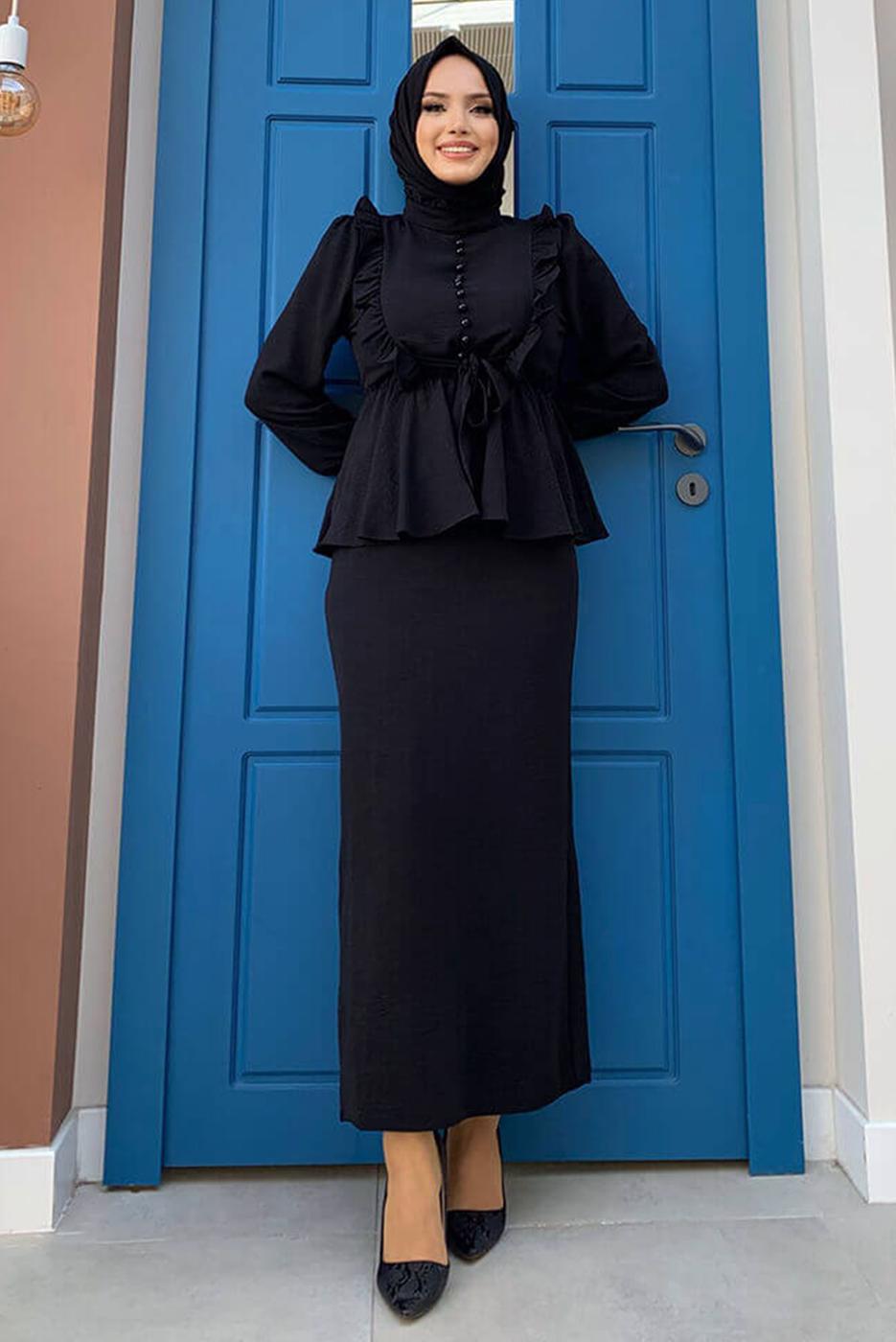 Tesettür giyim SİYAH FIRFIRLI ETEKLİ TAKIM 6328	