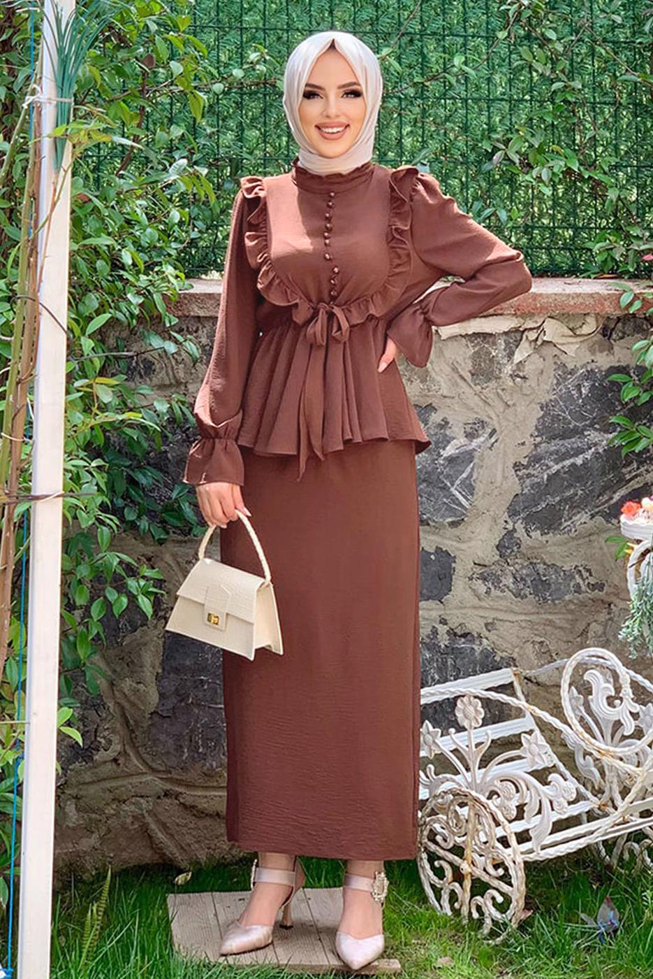 Tesettür giyim KAHVE FIRFIRLI ETEKLİ TAKIM 6328	