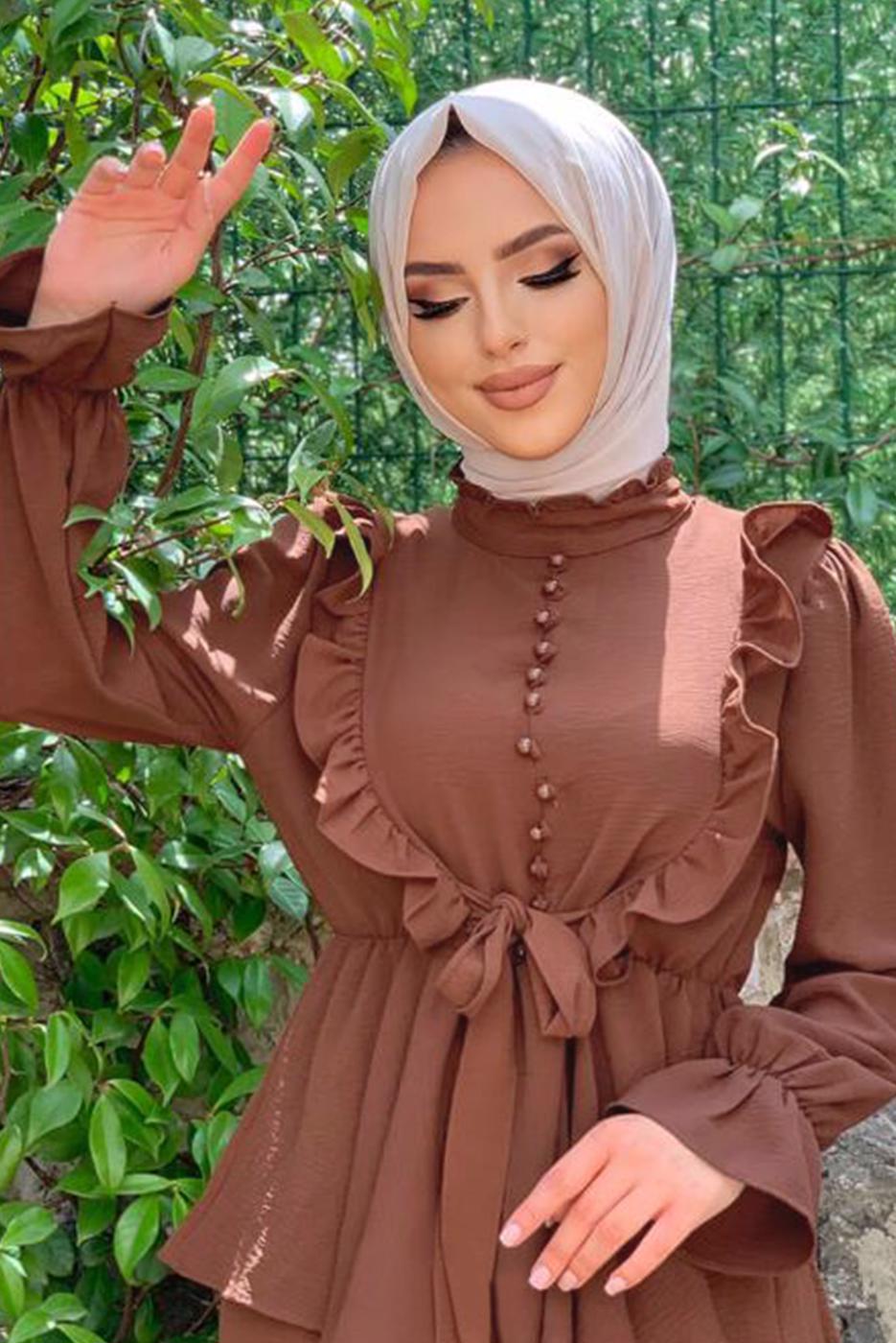 Tesettür giyim KAHVE FIRFIRLI ETEKLİ TAKIM 6328	