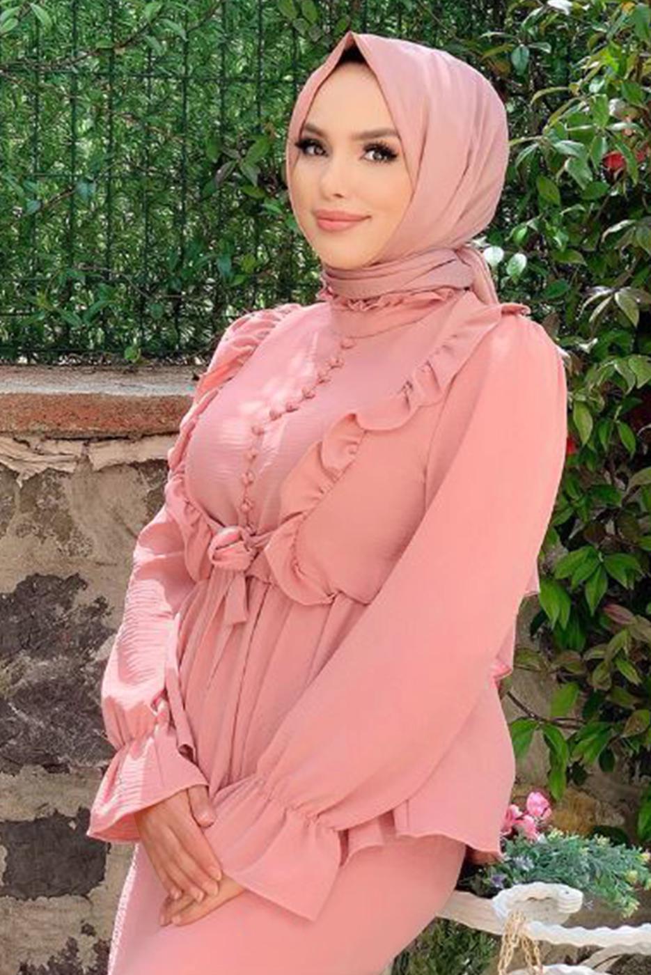 Tesettür giyim PUDRA FIRFIRLI ETEKLİ TAKIM 6328	