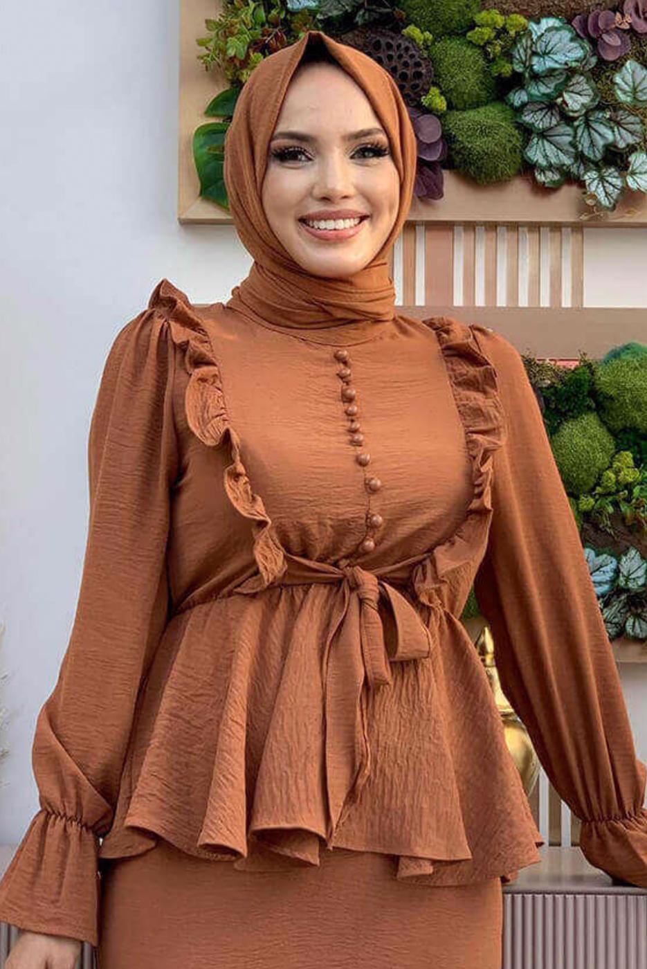 Tesettür giyim TABA FIRFIRLI ETEKLİ TAKIM 6328	