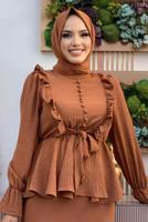 Tesettür giyim TABA FIRFIRLI ETEKLİ TAKIM 6328	