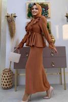 Tesettür giyim TABA FIRFIRLI ETEKLİ TAKIM 6328	