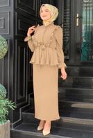 Tesettür giyim BEJ FIRFIRLI ETEKLİ TAKIM 6328	