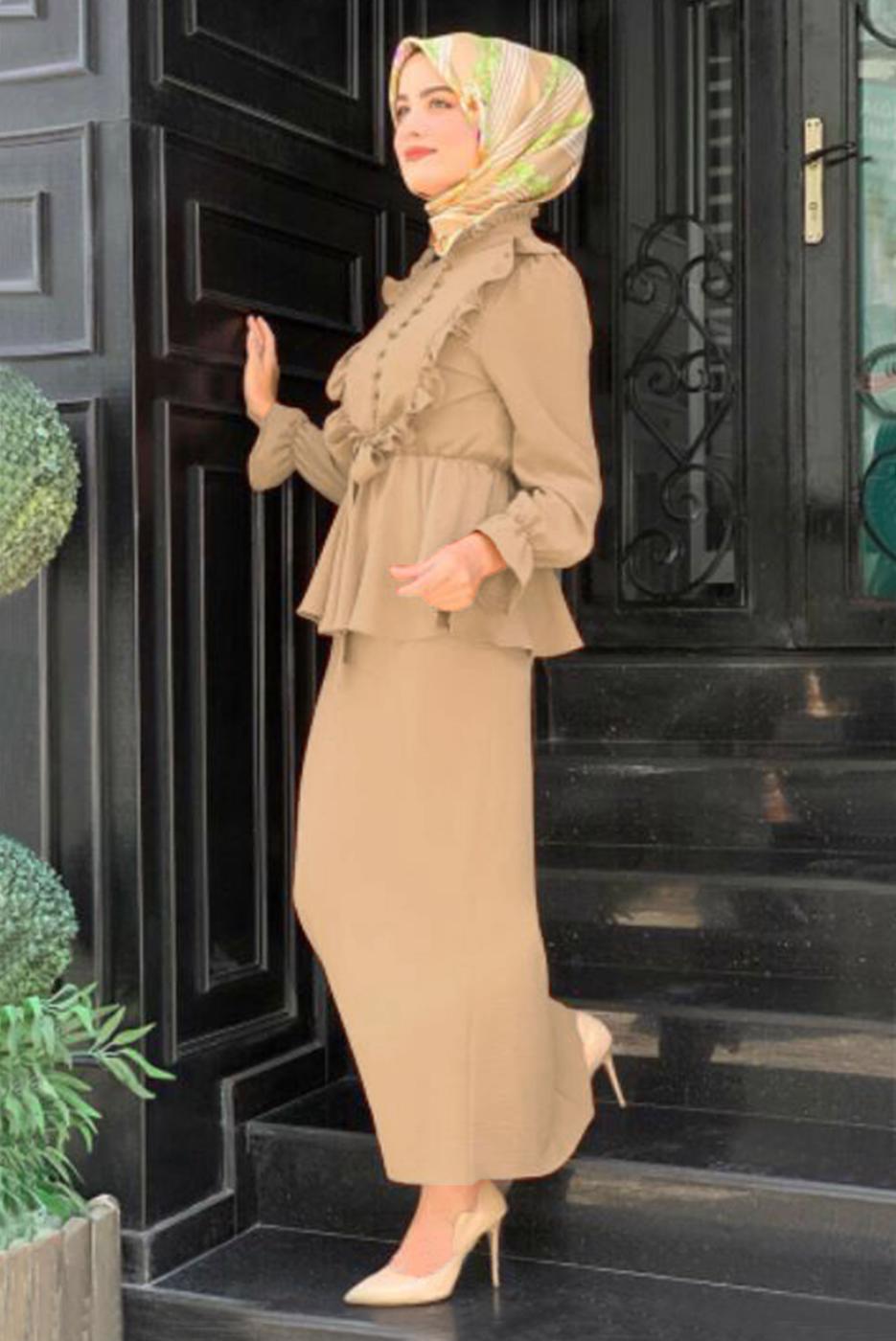 Tesettür giyim BEJ FIRFIRLI ETEKLİ TAKIM 6328	