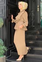 Tesettür giyim BEJ FIRFIRLI ETEKLİ TAKIM 6328	