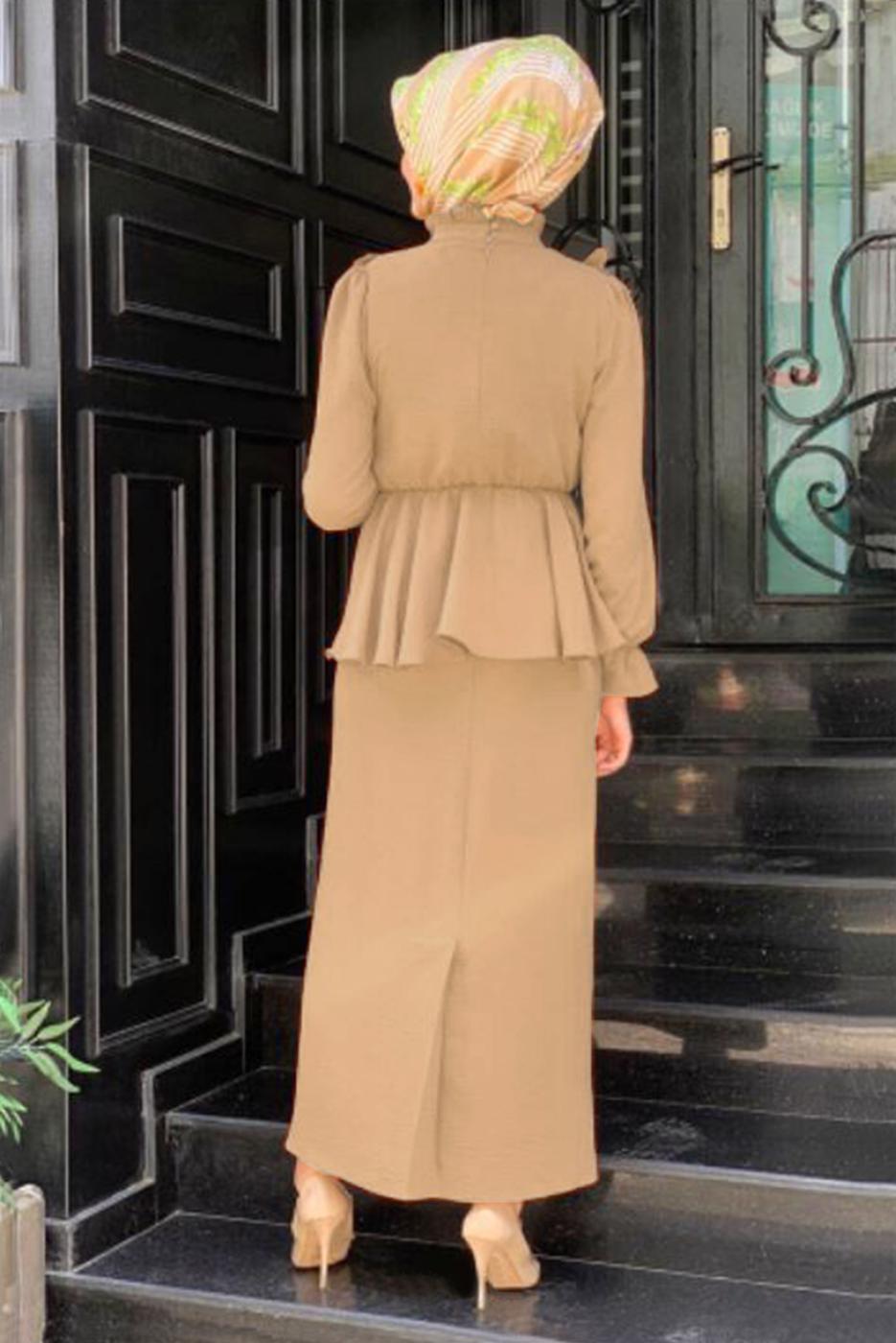 Tesettür giyim BEJ FIRFIRLI ETEKLİ TAKIM 6328	