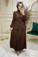 Tesettür giyim KAHVE PİLİSELİ KUŞAKLI ETEKLİ TAKIM 8035 