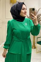 Tesettür giyim YEŞİL PİLİSELİ KUŞAKLI ETEKLİ TAKIM 8035 