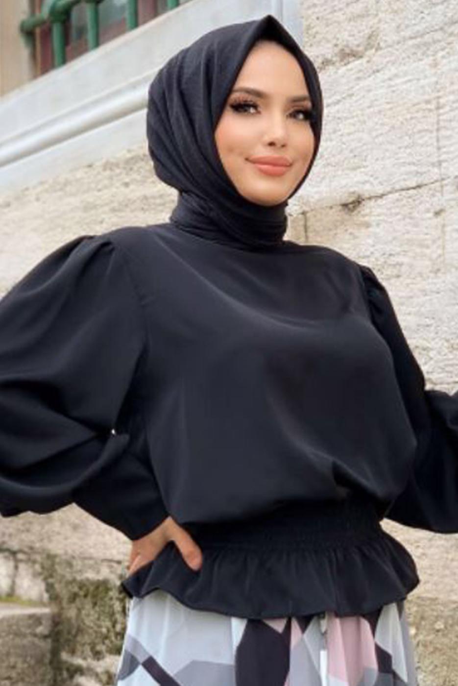 Vêtements hijab NOIR ENSEMBLE JUPE À MOTIF À LA TAILLE SMOCKANTE T 8928