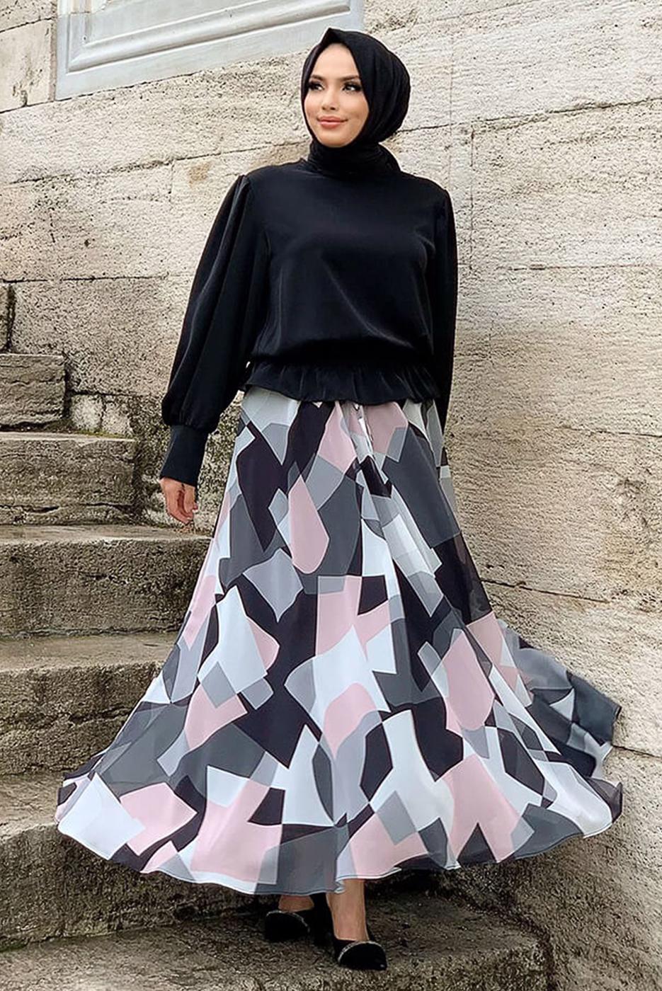 Vêtements hijab NOIR ENSEMBLE JUPE À MOTIF À LA TAILLE SMOCKANTE T 8928