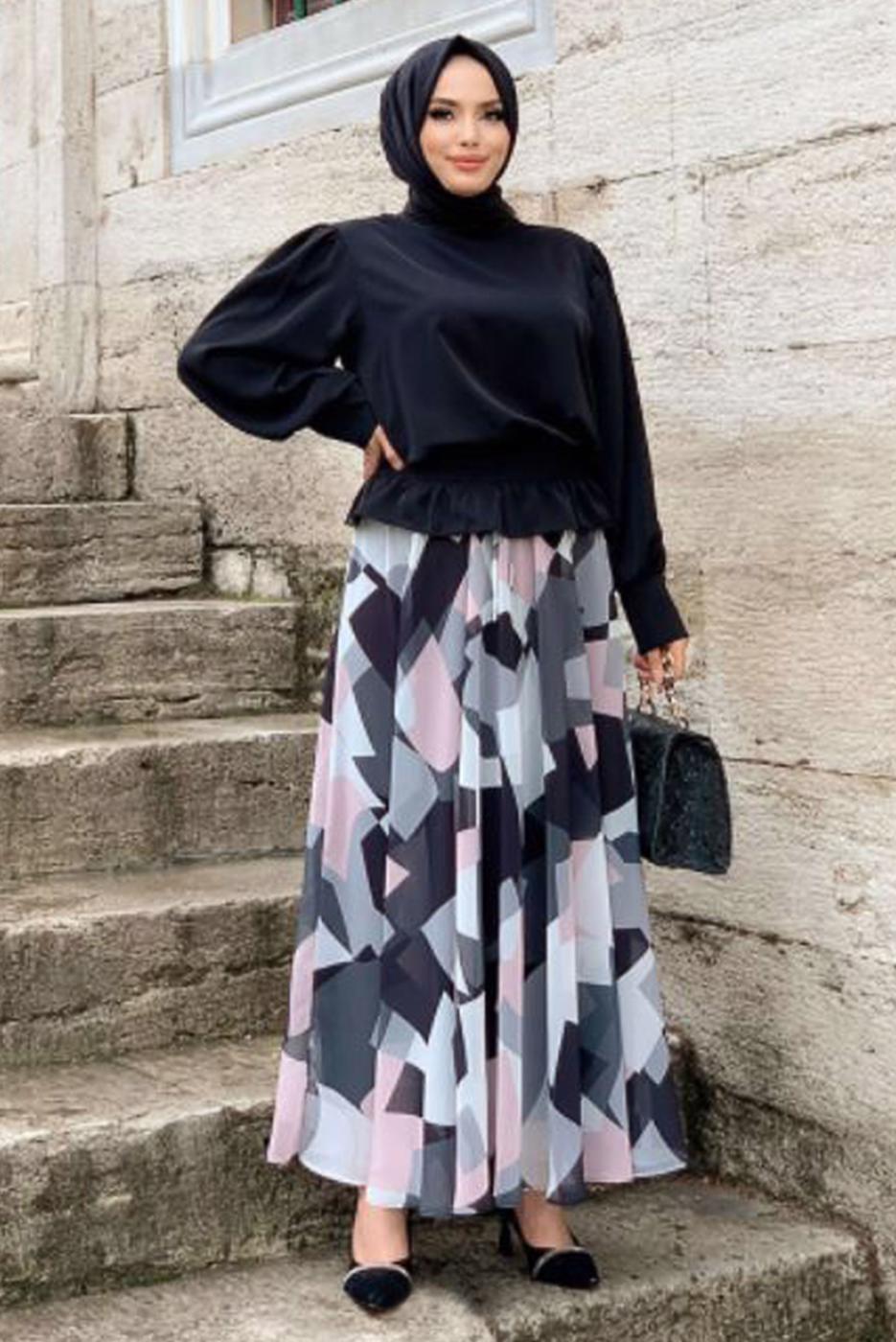 Vêtements hijab NOIR ENSEMBLE JUPE À MOTIF À LA TAILLE SMOCKANTE T 8928