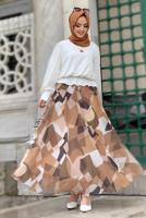 Tesettür giyim EKRU BELİ BÜZGÜLÜ DESENLİ ETEKLİ TAKIM T 8928