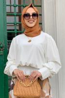 Tesettür giyim EKRU BELİ BÜZGÜLÜ DESENLİ ETEKLİ TAKIM T 8928