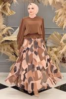 Tesettür giyim KAHVE BELİ BÜZGÜLÜ DESENLİ ETEKLİ TAKIM T 8928