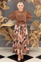 Tesettür giyim KAHVE BELİ BÜZGÜLÜ DESENLİ ETEKLİ TAKIM T 8928