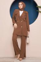 Tesettür giyim KAHVE DÜĞMELİ VOLANLI PANT. TAKIM 04051	