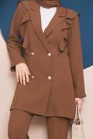 Tesettür giyim KAHVE DÜĞMELİ VOLANLI PANT. TAKIM 04051	