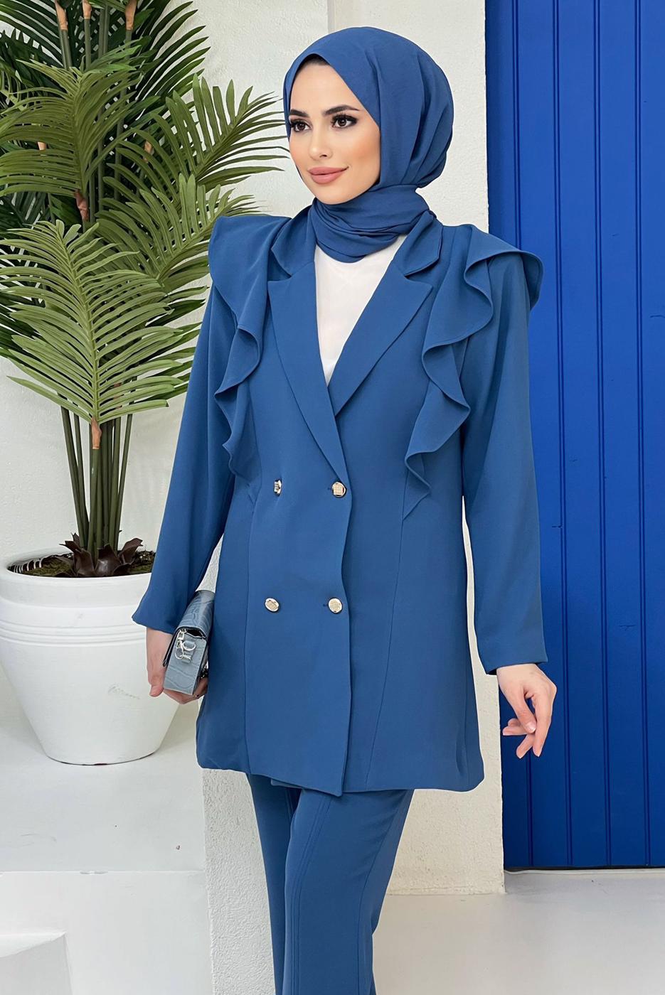 Vêtements hijab BLEU MARINE ENSEMBLE PANTALON À VOLANTS ET BOUTONS 04051