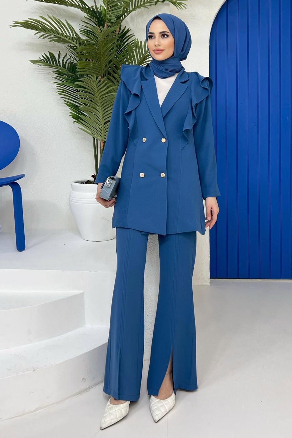 Vêtements hijab BLEU MARINE ENSEMBLE PANTALON À VOLANTS ET BOUTONS 04051