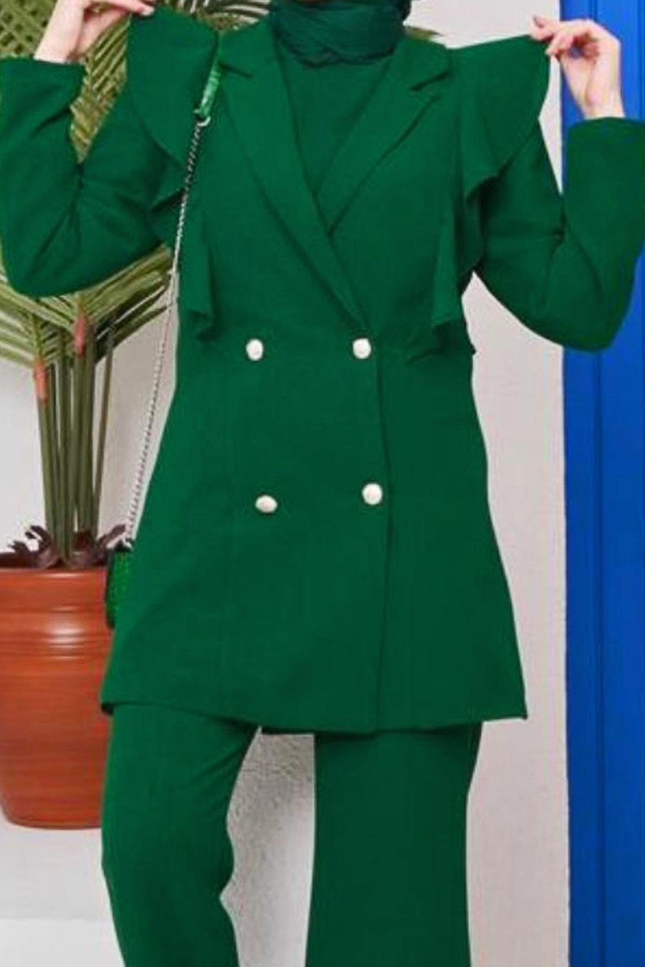 Hijab clothing GREEN BUTTONED FRILLED PANTS SUIT 04051 
