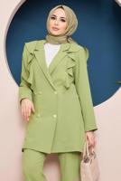 Tesettür giyim YEŞİL DÜĞMELİ VOLANLI PANT. TAKIM 04051	