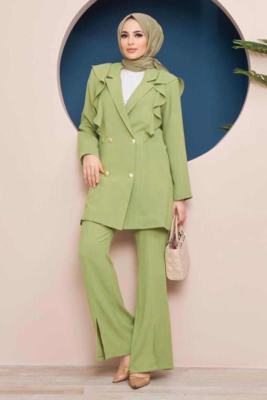 Tesettür giyim YEŞİL DÜĞMELİ VOLANLI PANT. TAKIM 04051	