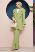 Tesettür giyim YEŞİL DÜĞMELİ VOLANLI PANT. TAKIM 04051	