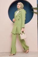 Tesettür giyim YEŞİL DÜĞMELİ VOLANLI PANT. TAKIM 04051	