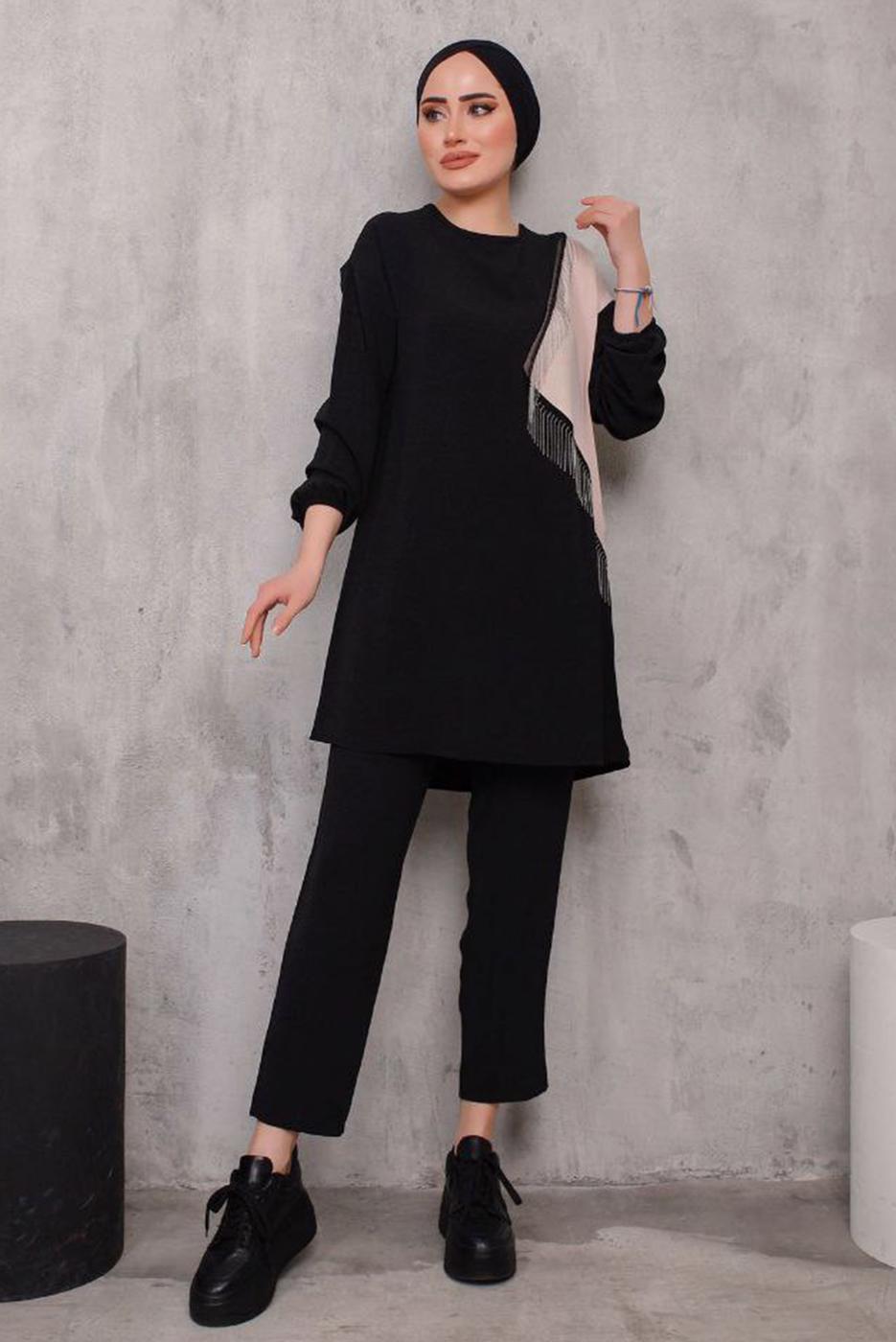 Tesettür giyim SİYAH PÜSKÜL DETAYLI İKİ RENK İKİLİ PANT. TAKIM 0622	