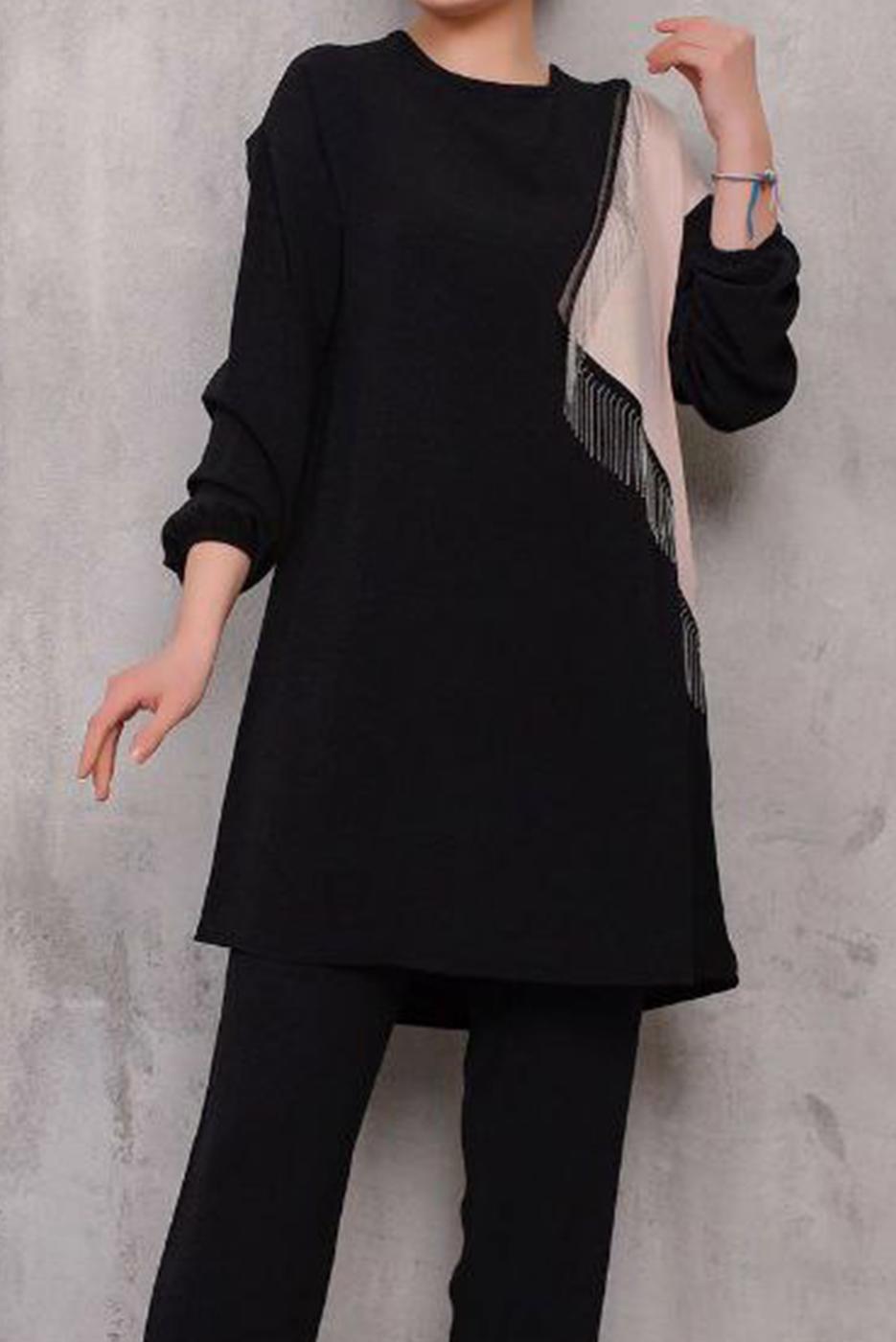 Tesettür giyim SİYAH PÜSKÜL DETAYLI İKİ RENK İKİLİ PANT. TAKIM 0622	