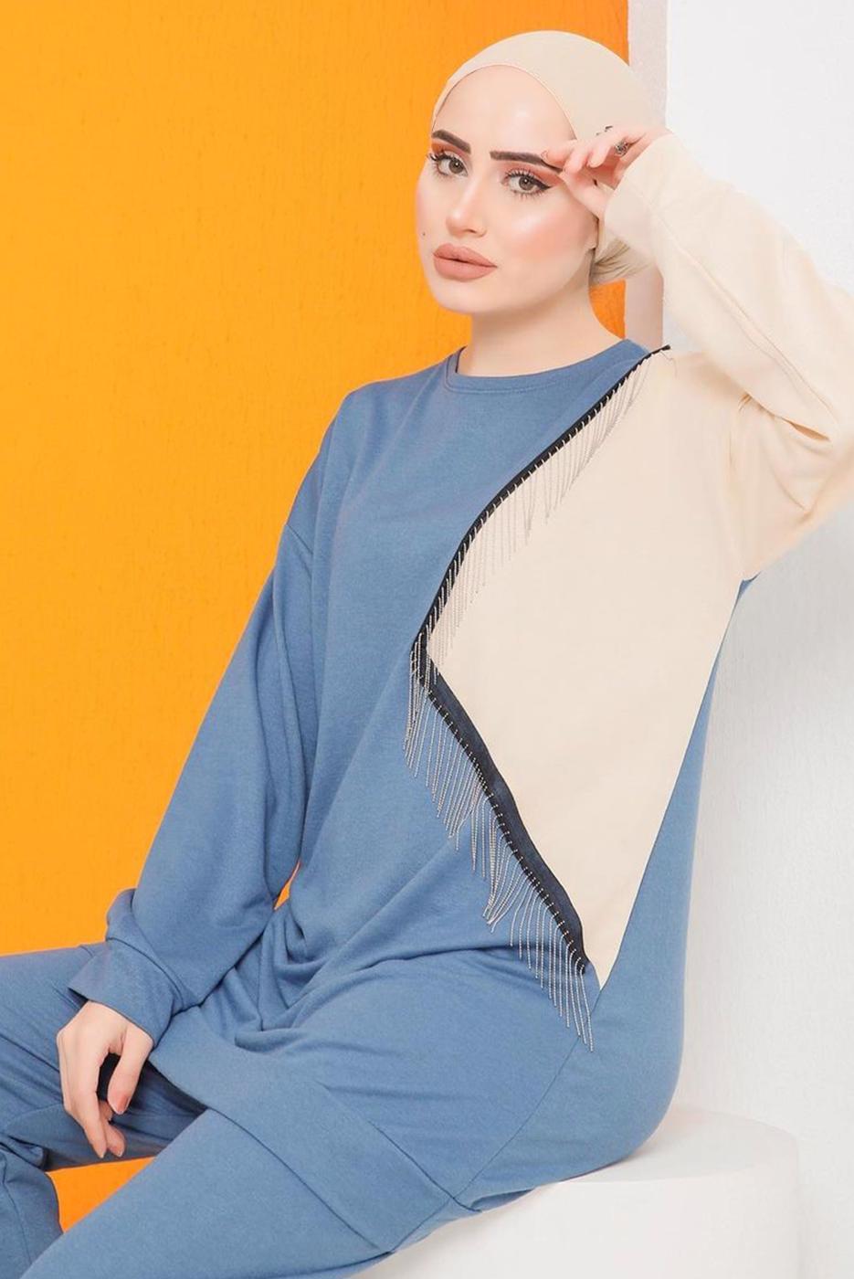 Tesettür giyim MAVİ PÜSKÜL DETAYLI İKİ RENK İKİLİ PANT. TAKIM 0622	