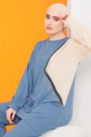 Tesettür giyim MAVİ PÜSKÜL DETAYLI İKİ RENK İKİLİ PANT. TAKIM 0622	