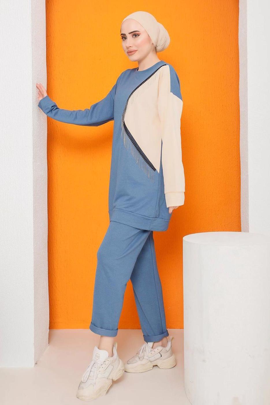 Tesettür giyim MAVİ PÜSKÜL DETAYLI İKİ RENK İKİLİ PANT. TAKIM 0622	