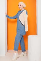 Tesettür giyim MAVİ PÜSKÜL DETAYLI İKİ RENK İKİLİ PANT. TAKIM 0622	