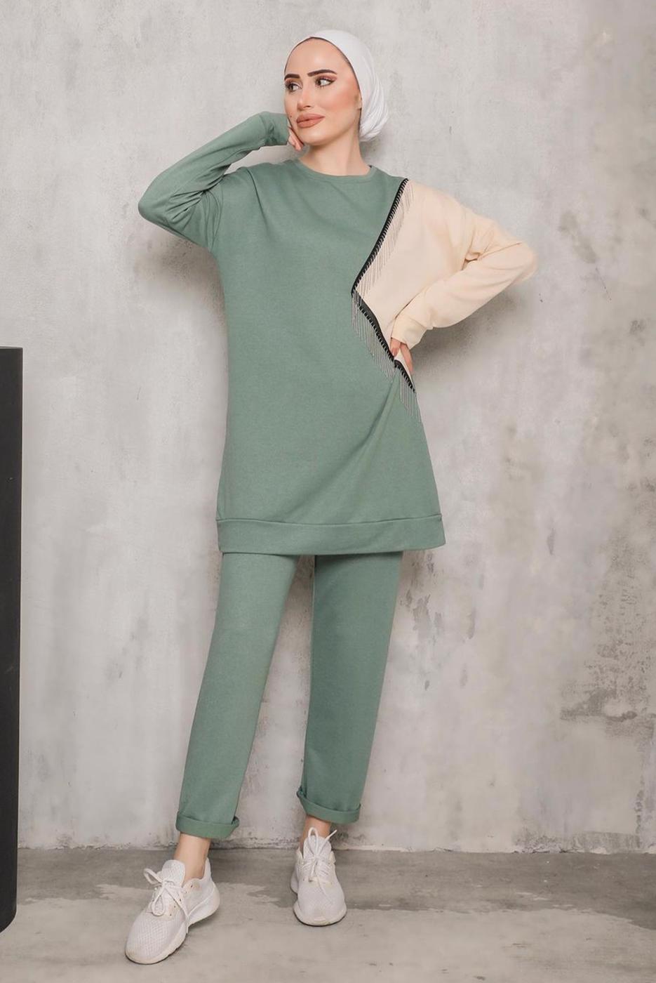 Vêtements hijab VERT COSTUME PANTALON DOUBLE COULEUR DÉTAIL FRANGES 0622