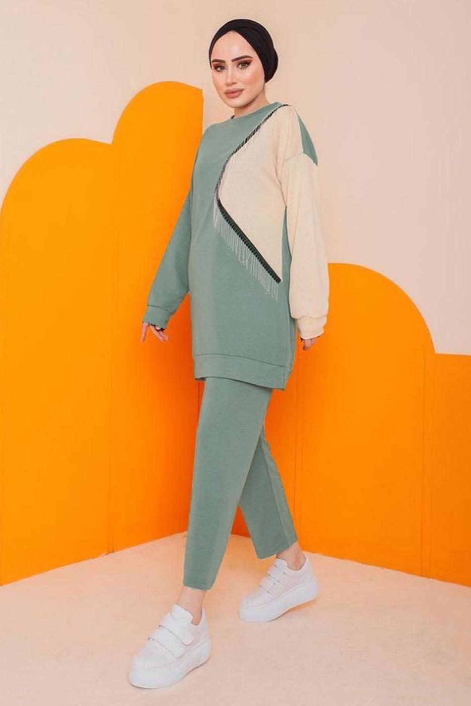 Vêtements hijab VERT COSTUME PANTALON DOUBLE COULEUR DÉTAIL FRANGES 0622