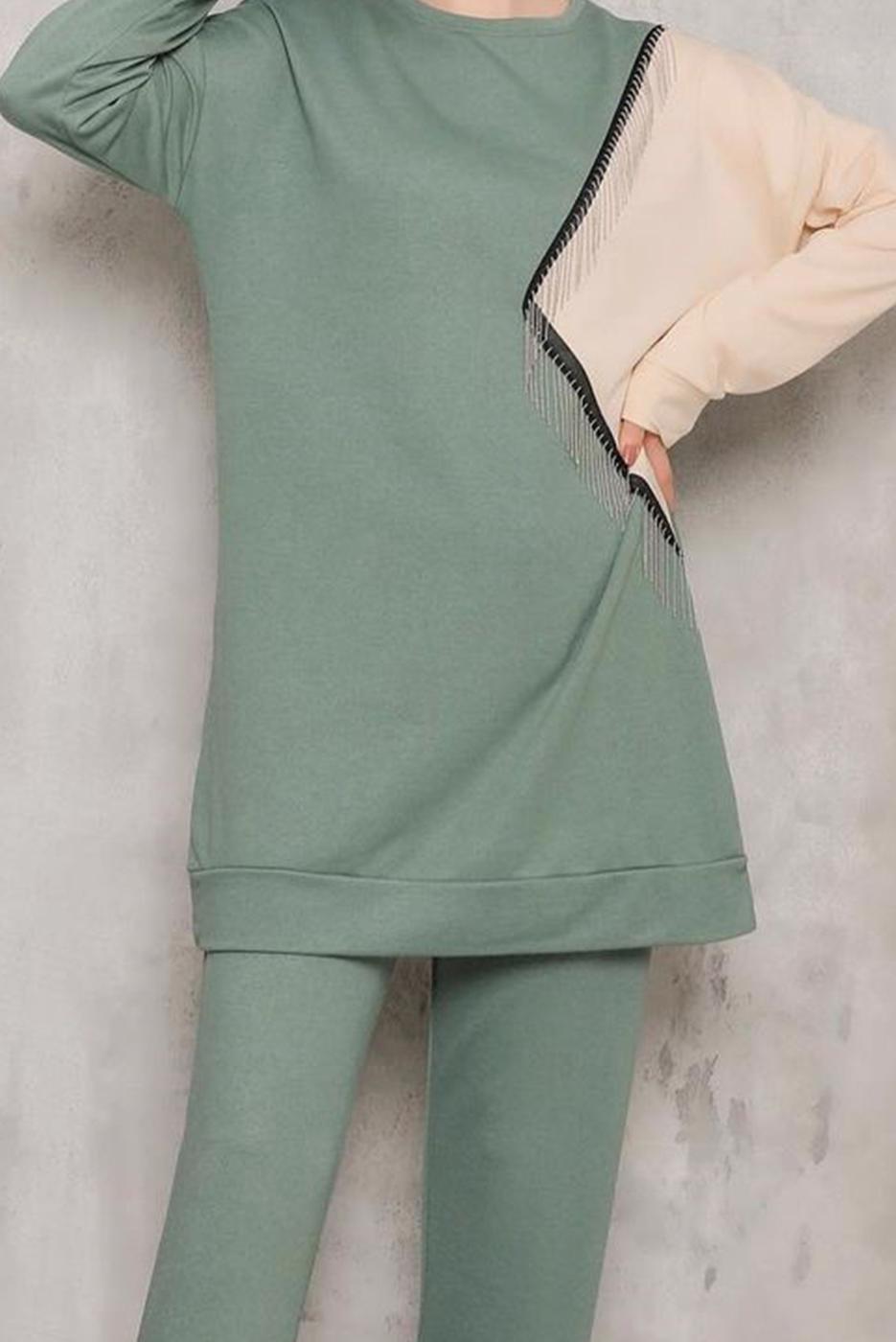 Vêtements hijab VERT COSTUME PANTALON DOUBLE COULEUR DÉTAIL FRANGES 0622