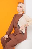 Tesettür giyim KAHVE PÜSKÜL DETAYLI İKİ RENK İKİLİ PANT. TAKIM 0622	