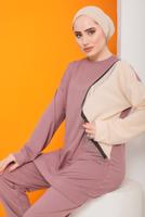 Tesettür giyim PUDRA PÜSKÜL DETAYLI İKİ RENK İKİLİ PANT. TAKIM 0622	