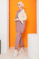 Tesettür giyim PUDRA PÜSKÜL DETAYLI İKİ RENK İKİLİ PANT. TAKIM 0622	